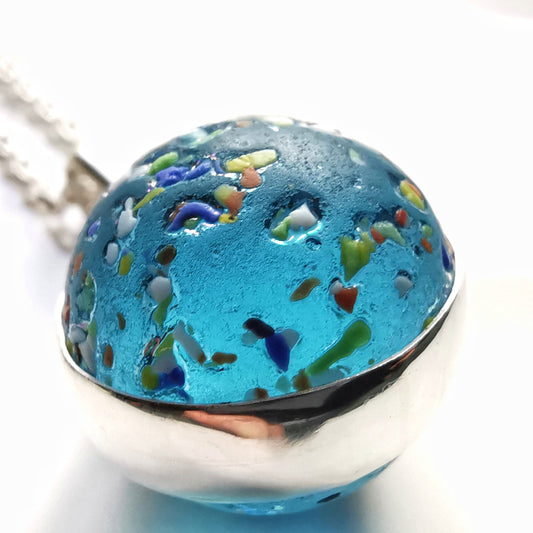 Aquamarine rainbow confetti sea glass marble & sterling silver pendant.