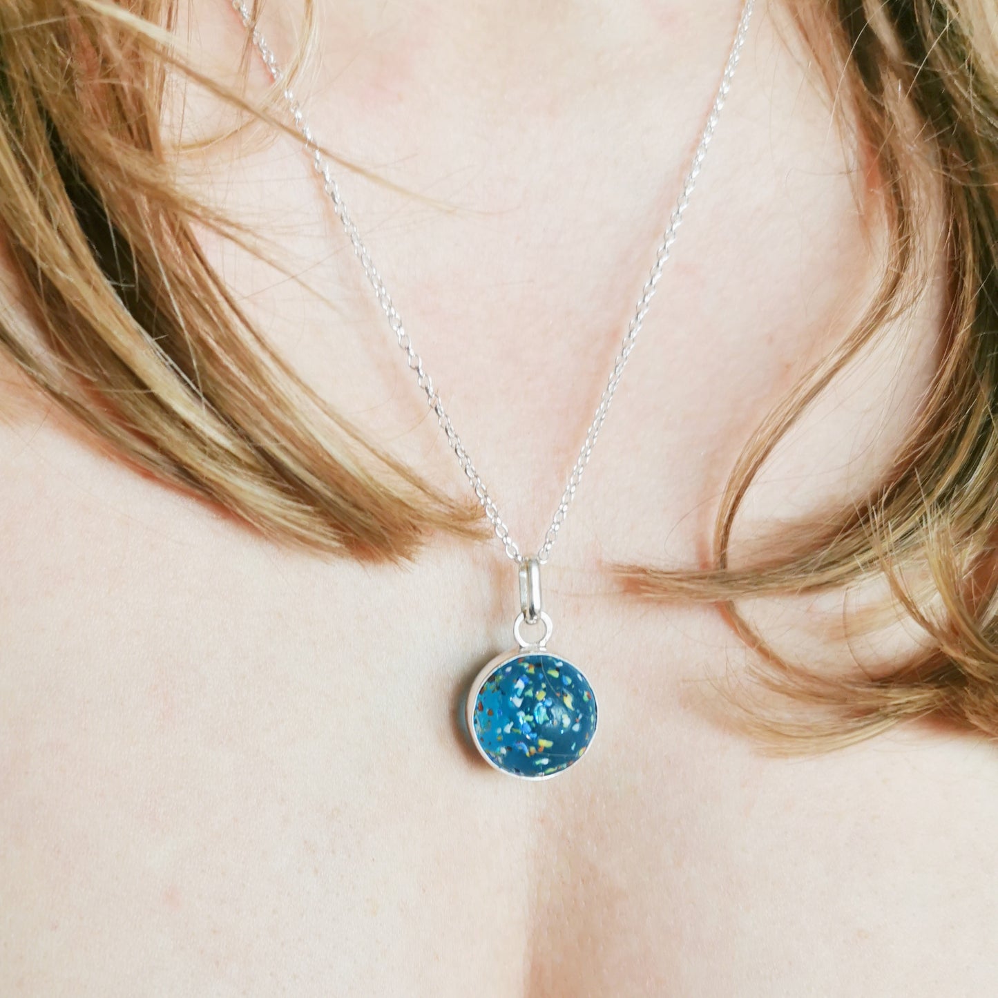 Aquamarine rainbow confetti sea glass marble & sterling silver pendant.