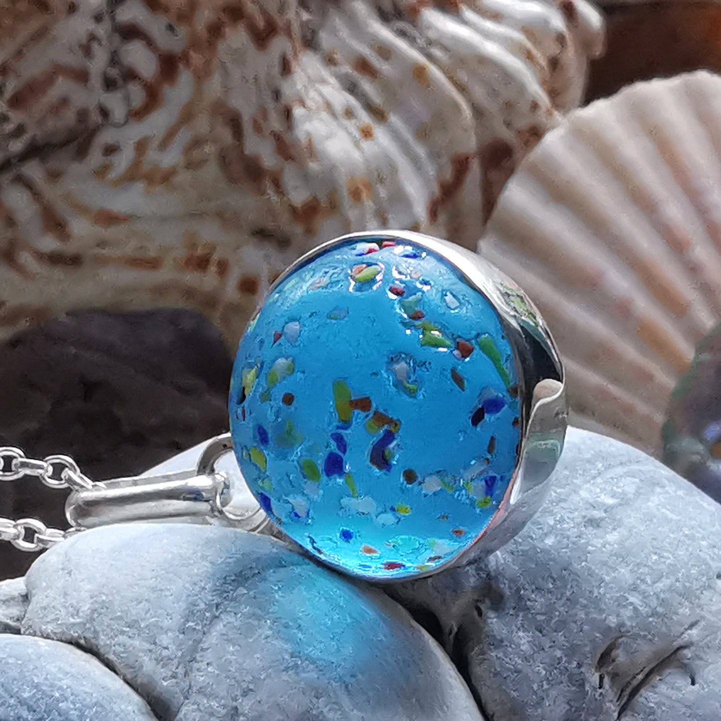 Aquamarine rainbow confetti sea glass marble & sterling silver pendant.