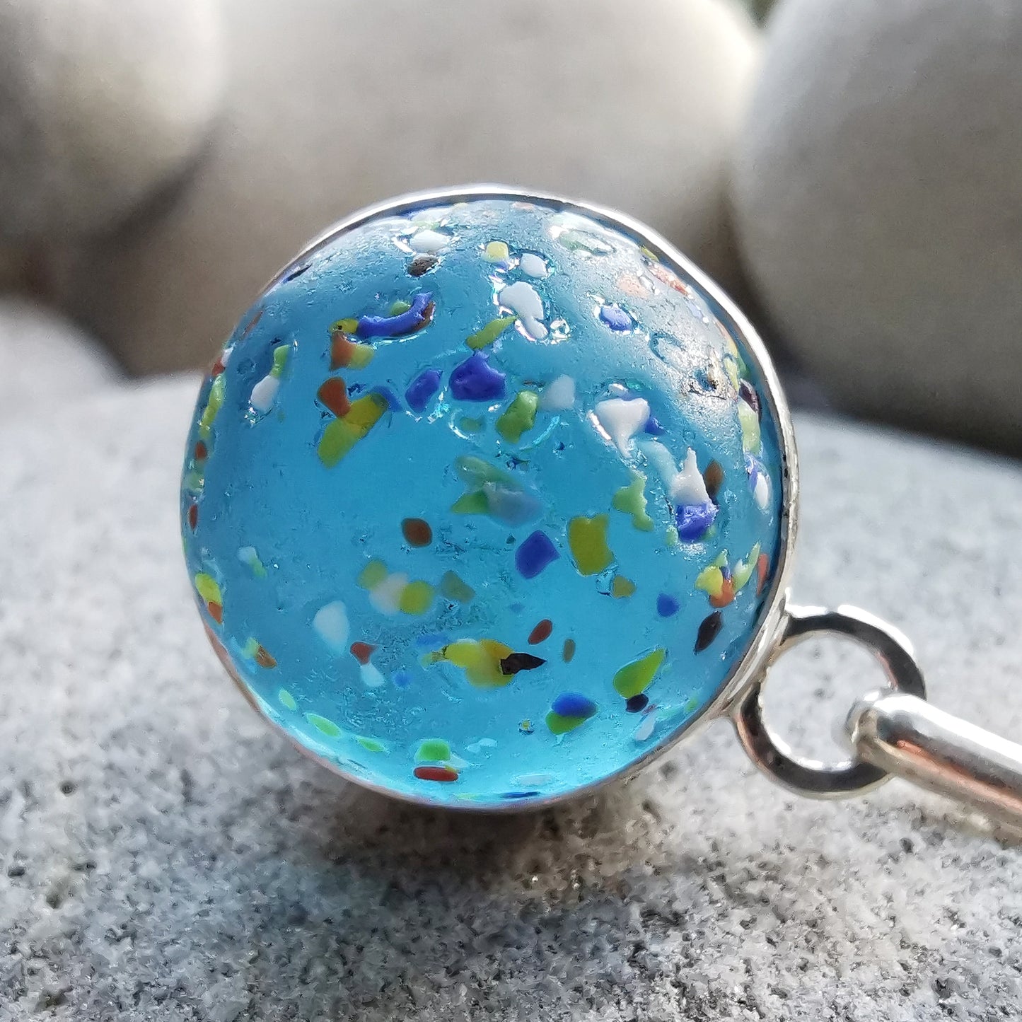 Aquamarine rainbow confetti sea glass marble & sterling silver pendant.