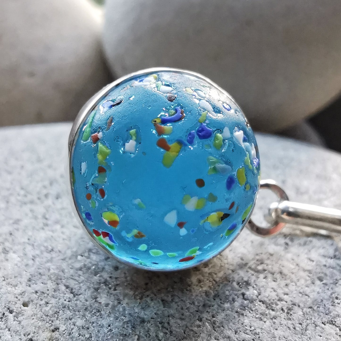 Aquamarine rainbow confetti sea glass marble & sterling silver pendant.