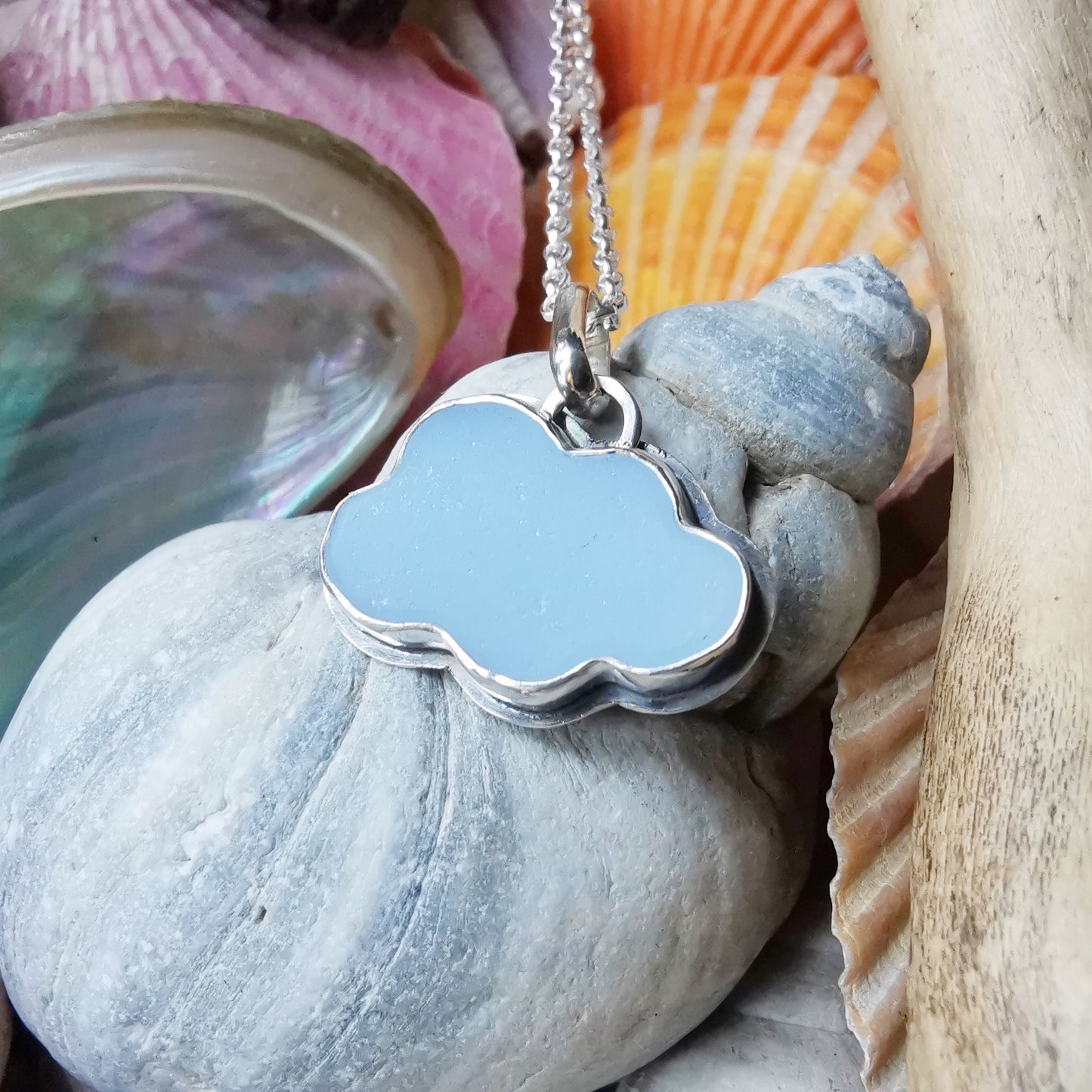 Reserved for Kerry. Scottish blue sea glass cloud & sterling silver pendant.