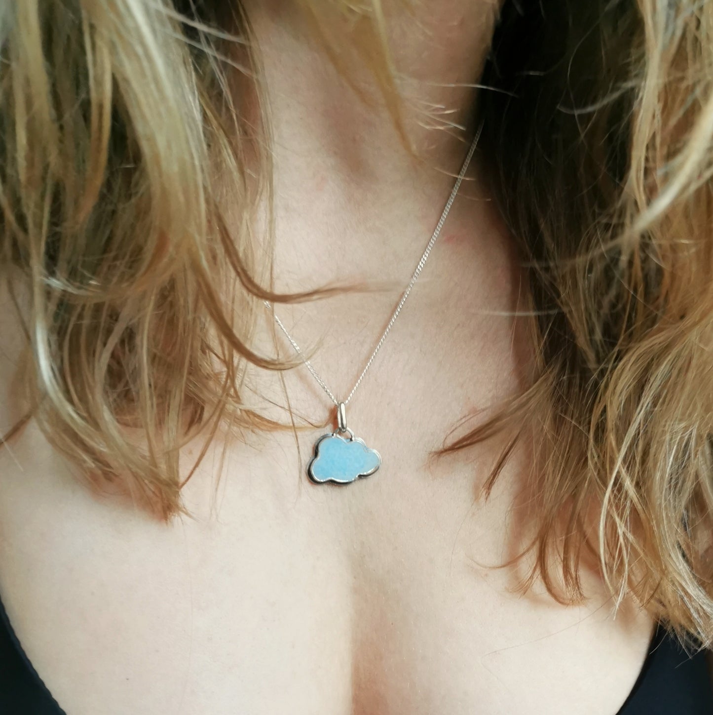 Blue and white sea glass cloud & sterling silver pendant.