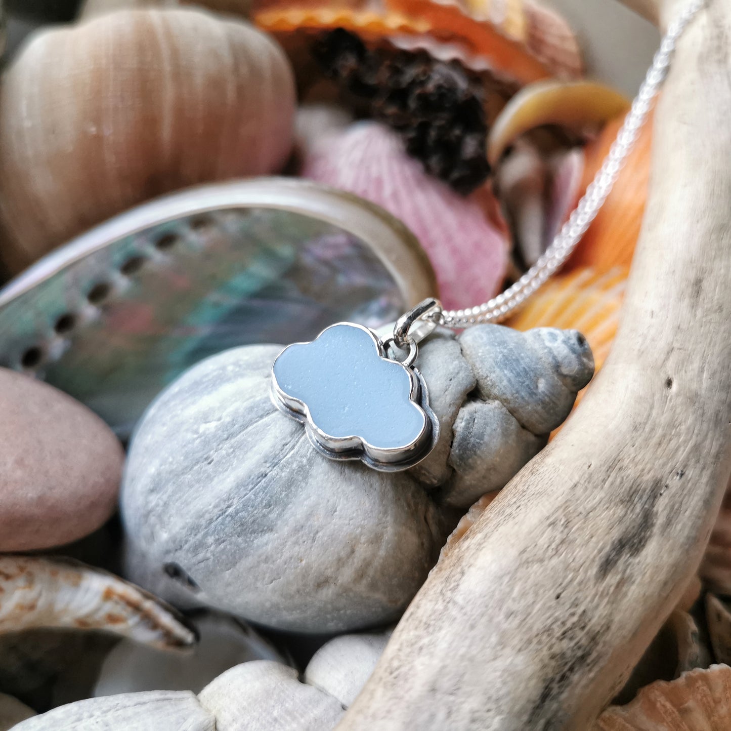 Reserved for Kerry. Scottish blue sea glass cloud & sterling silver pendant.