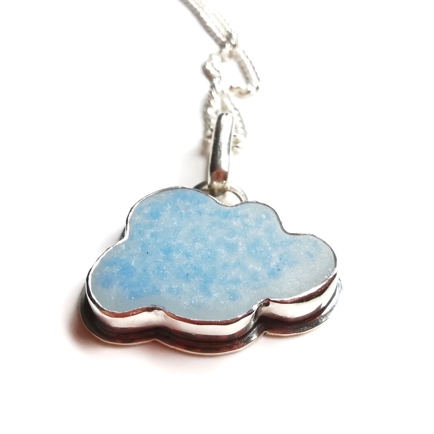 Blue and white sea glass cloud & sterling silver pendant.
