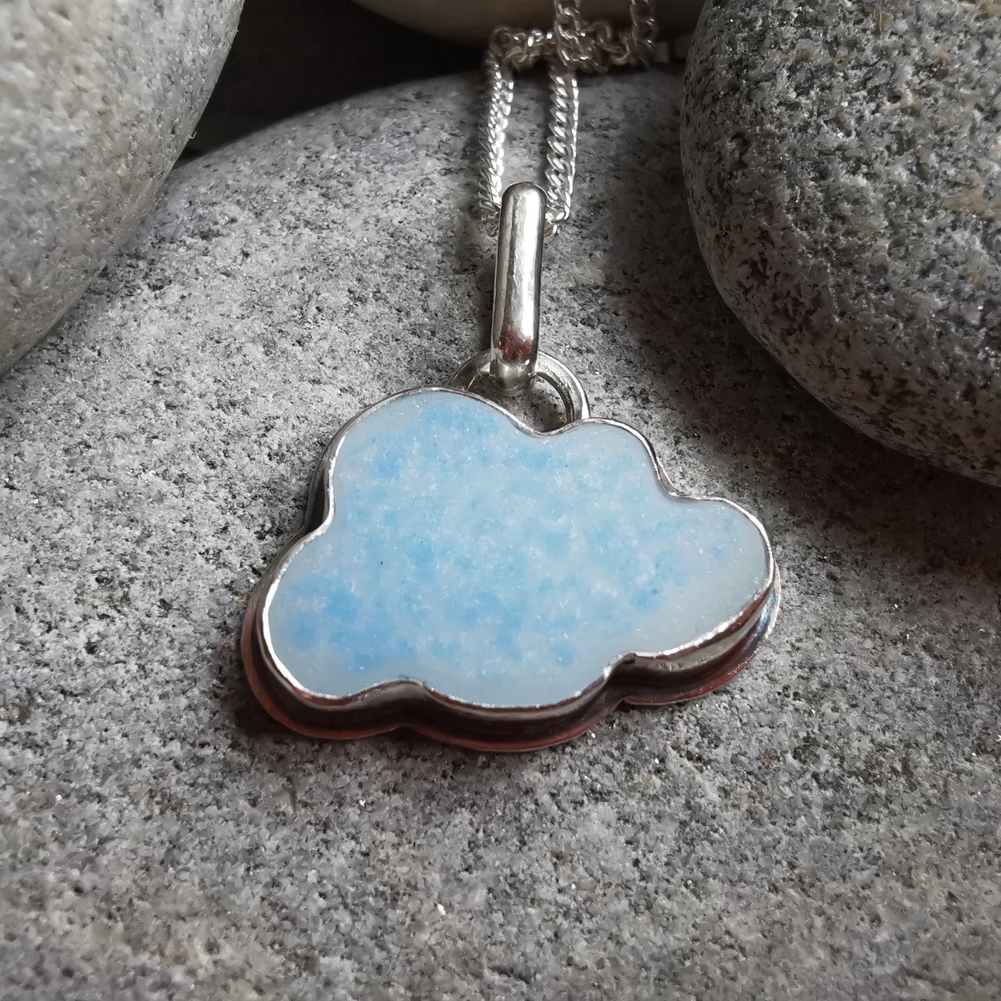 Blue and white sea glass cloud & sterling silver pendant.