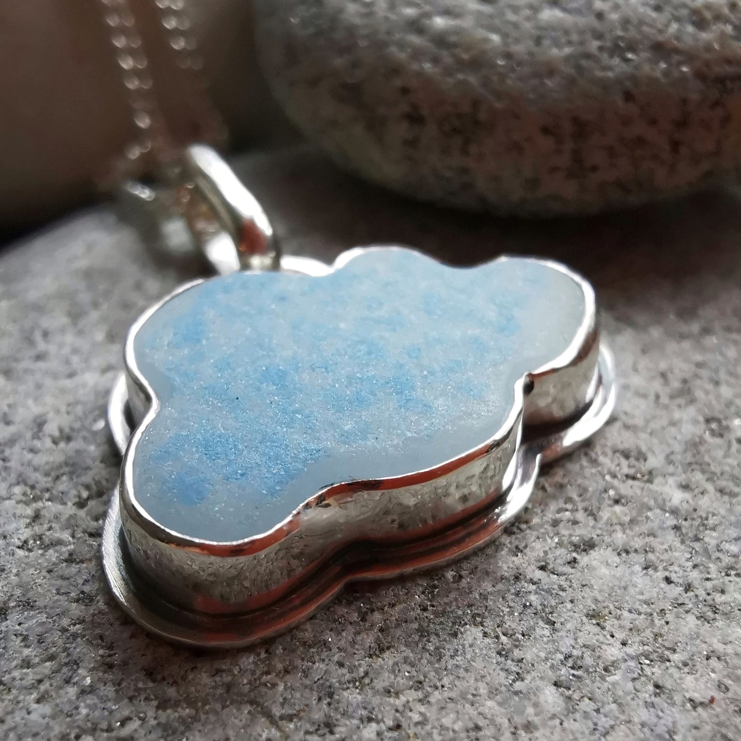 Blue and white sea glass cloud & sterling silver pendant.