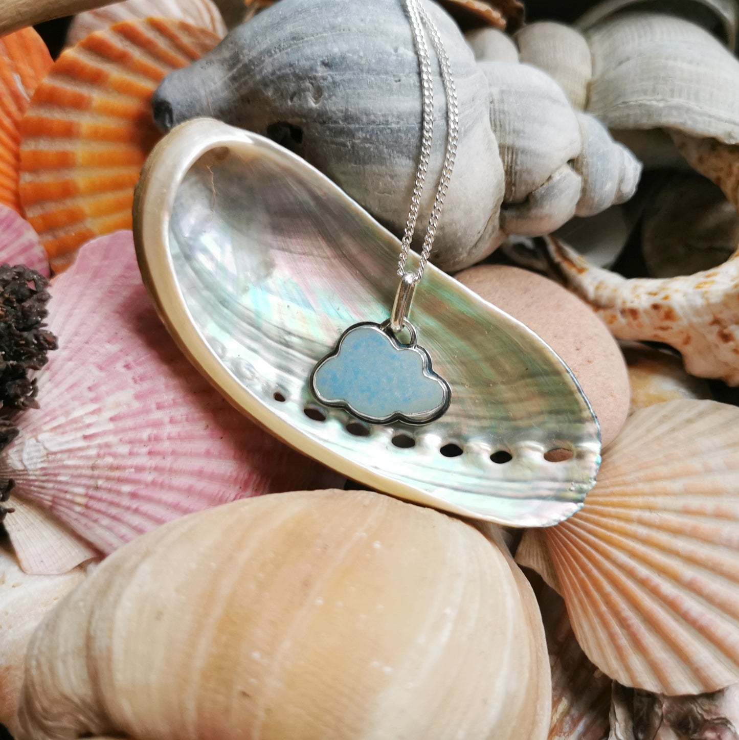 Blue and white sea glass cloud & sterling silver pendant.