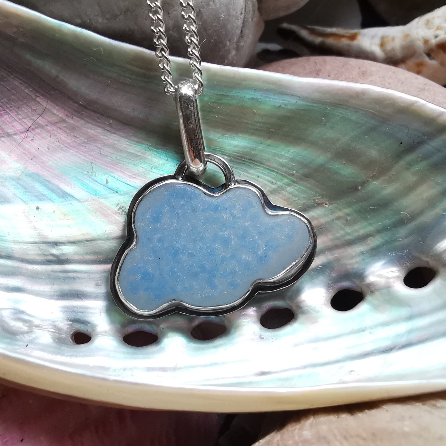 Blue and white sea glass cloud & sterling silver pendant.