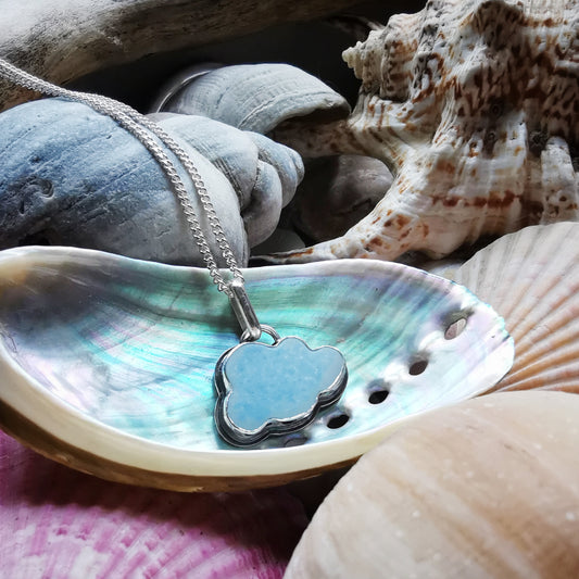 Blue and white sea glass cloud & sterling silver pendant.