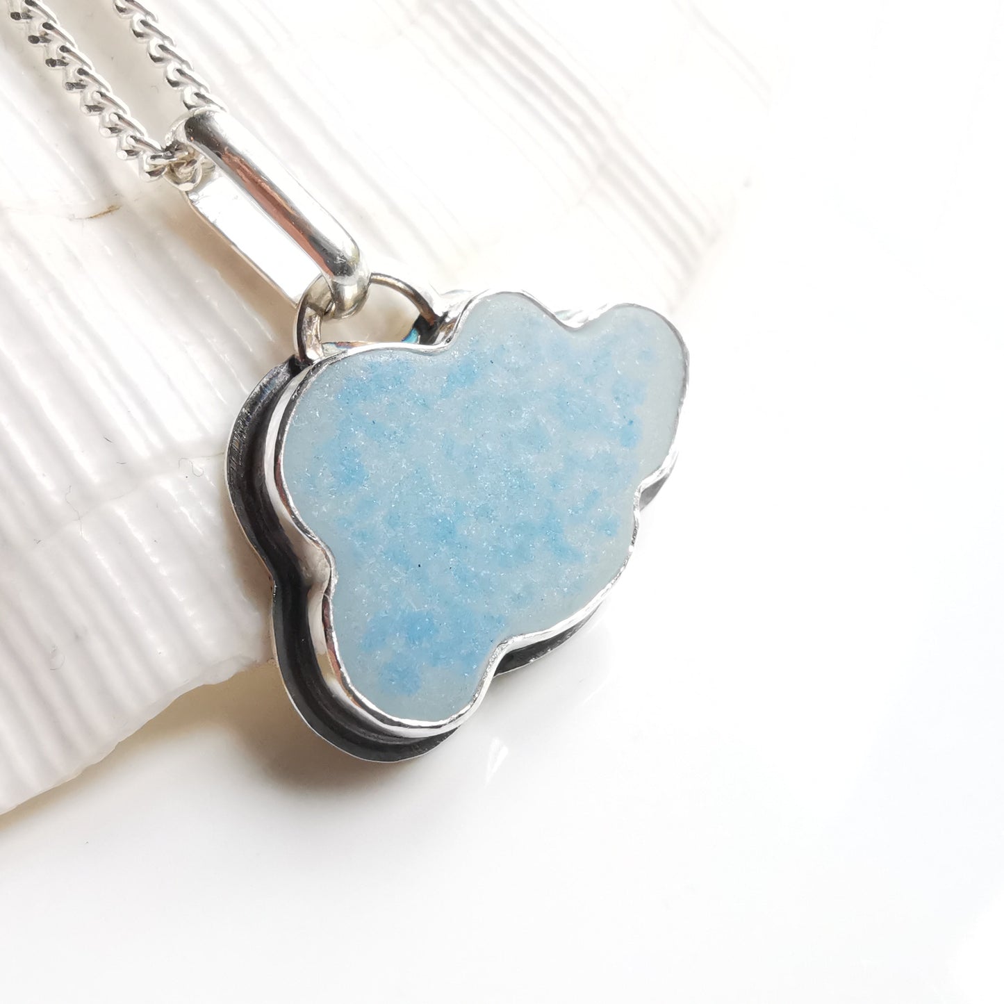 Blue and white sea glass cloud & sterling silver pendant.