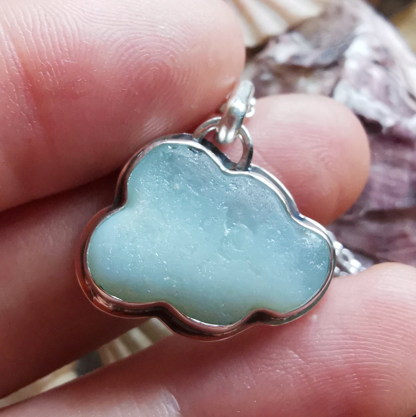 Opalescent sea glass cloud & sterling silver pendant.