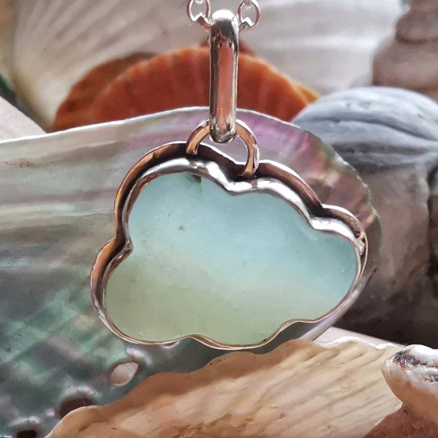 Opalescent sea glass cloud & sterling silver pendant.