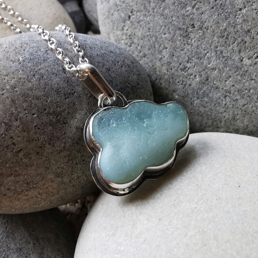 Opalescent sea glass cloud & sterling silver pendant.