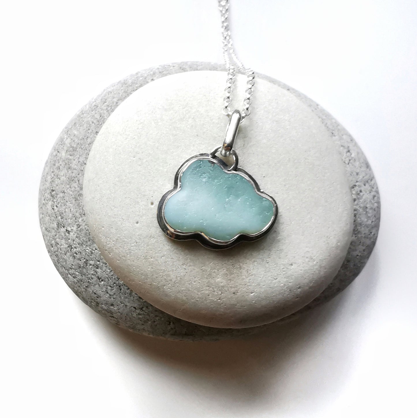 Opalescent sea glass cloud & sterling silver pendant.