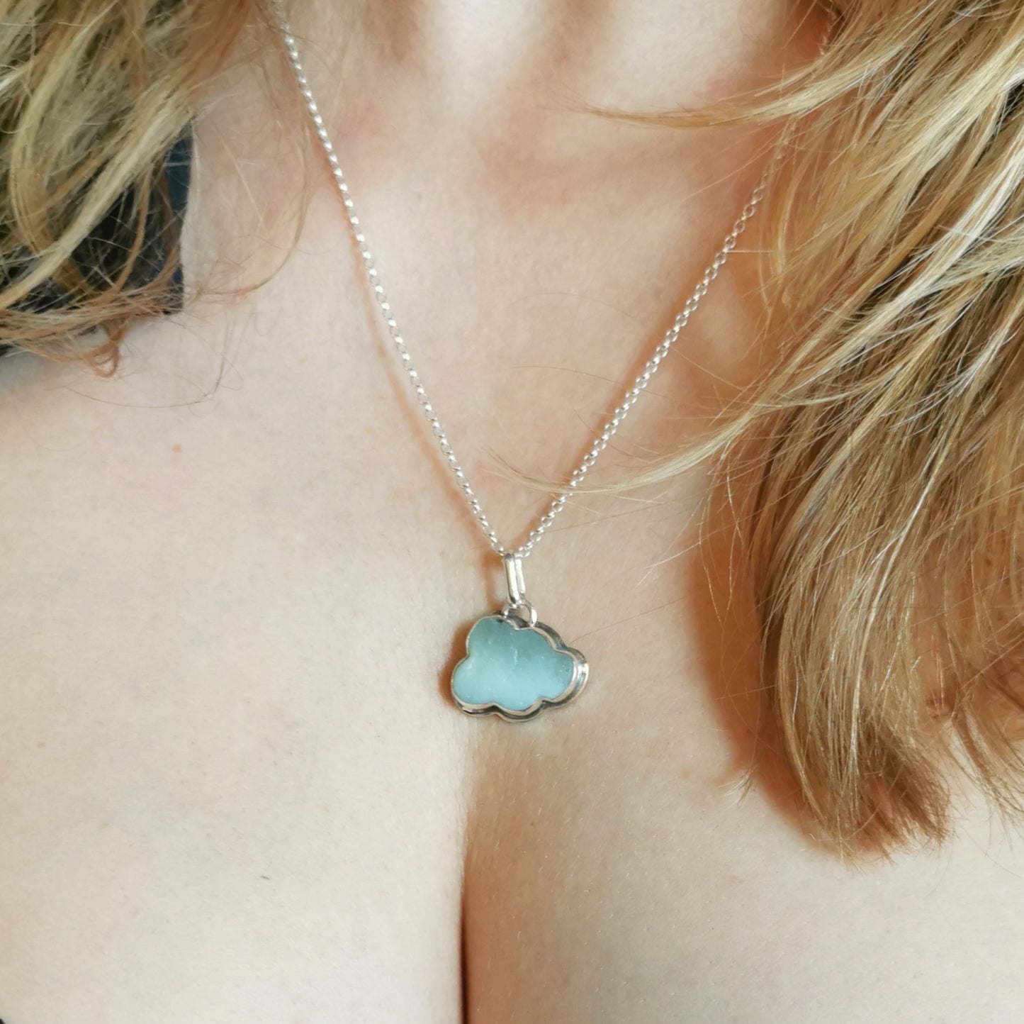 Opalescent sea glass cloud & sterling silver pendant.
