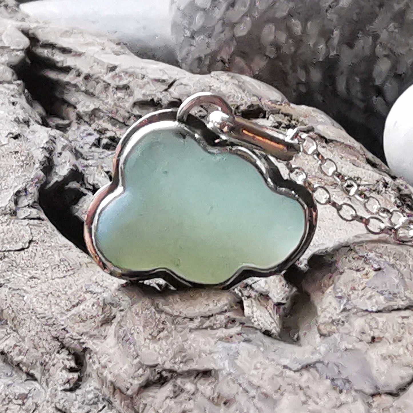 Opalescent sea glass cloud & sterling silver pendant.