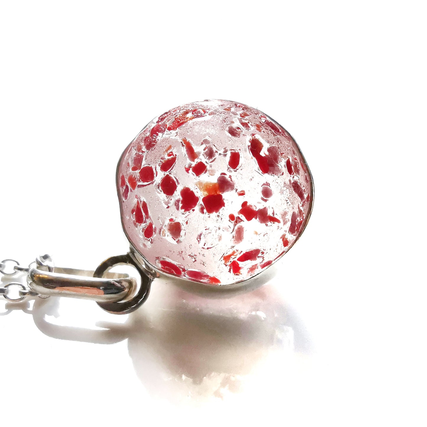 Genuine red speckled confetti sea glass marble & sterling silver pendant.