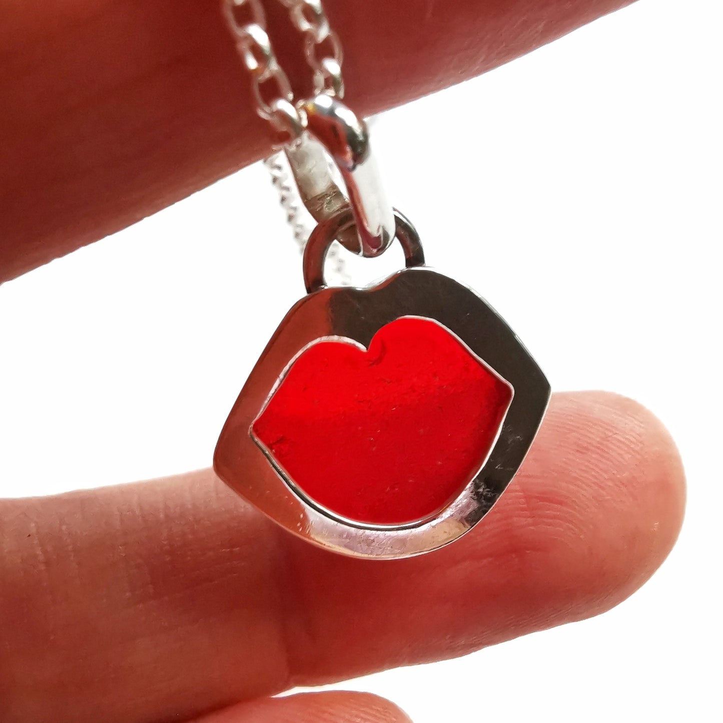 Scottish red lips/kiss sea glass & sterling silver pendant.