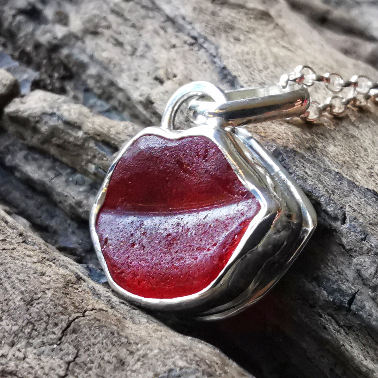 Scottish red lips/kiss sea glass & sterling silver pendant.