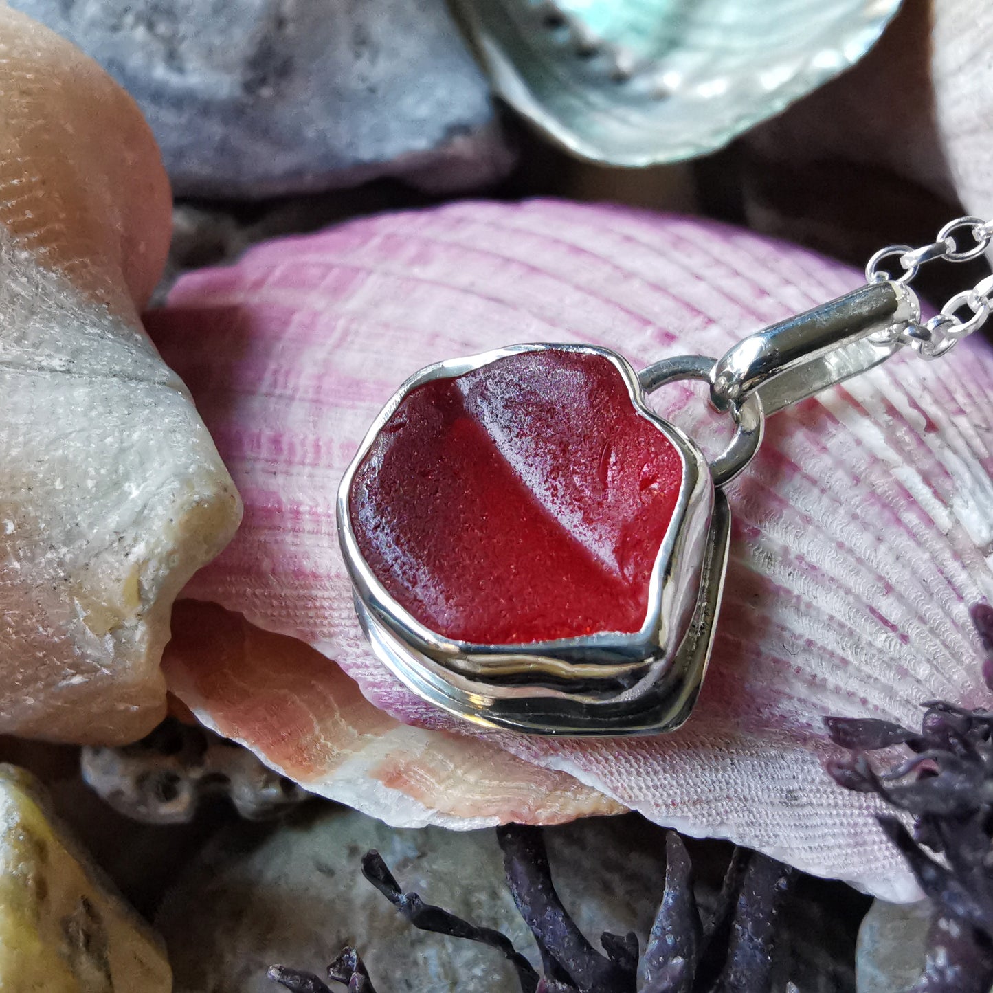 Scottish red lips/kiss sea glass & sterling silver pendant.