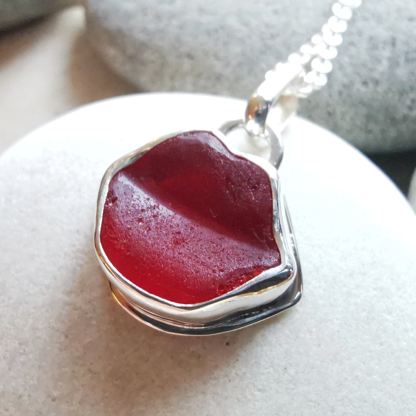 Scottish red lips/kiss sea glass & sterling silver pendant.