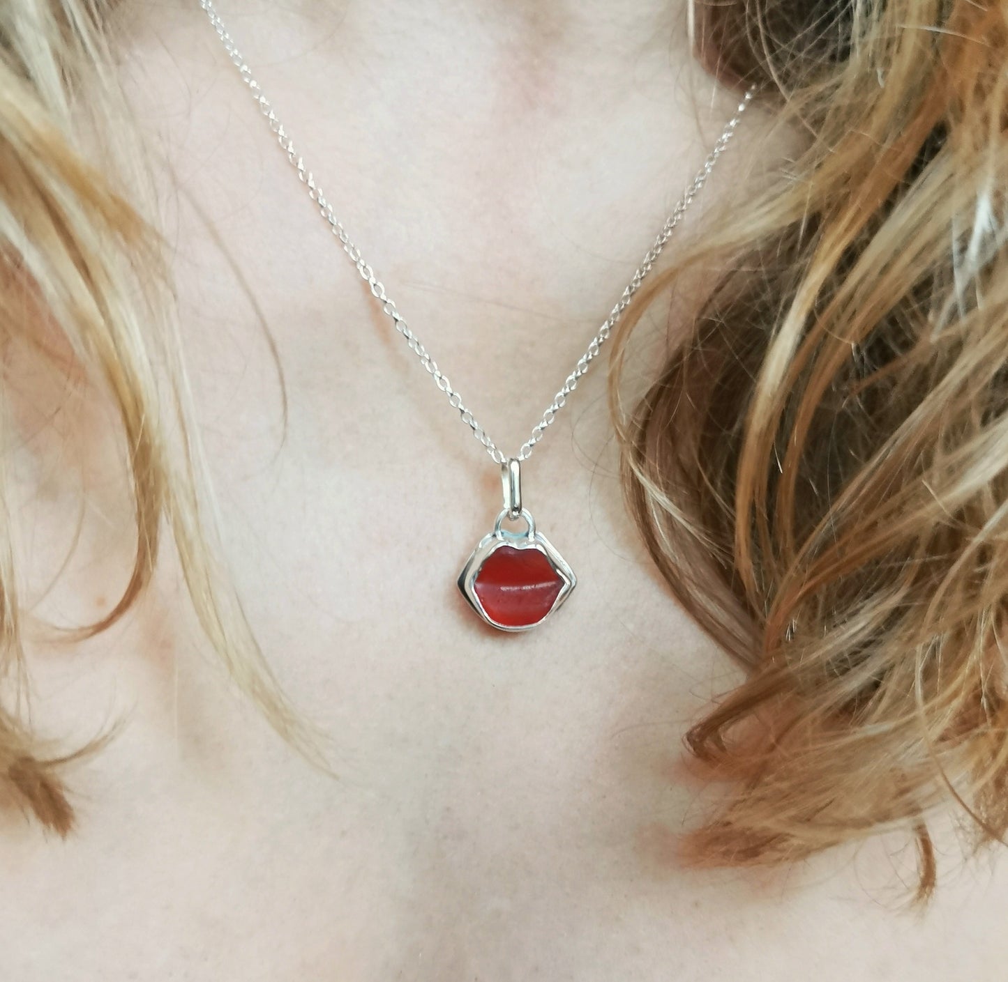 Scottish red lips/kiss sea glass & sterling silver pendant.
