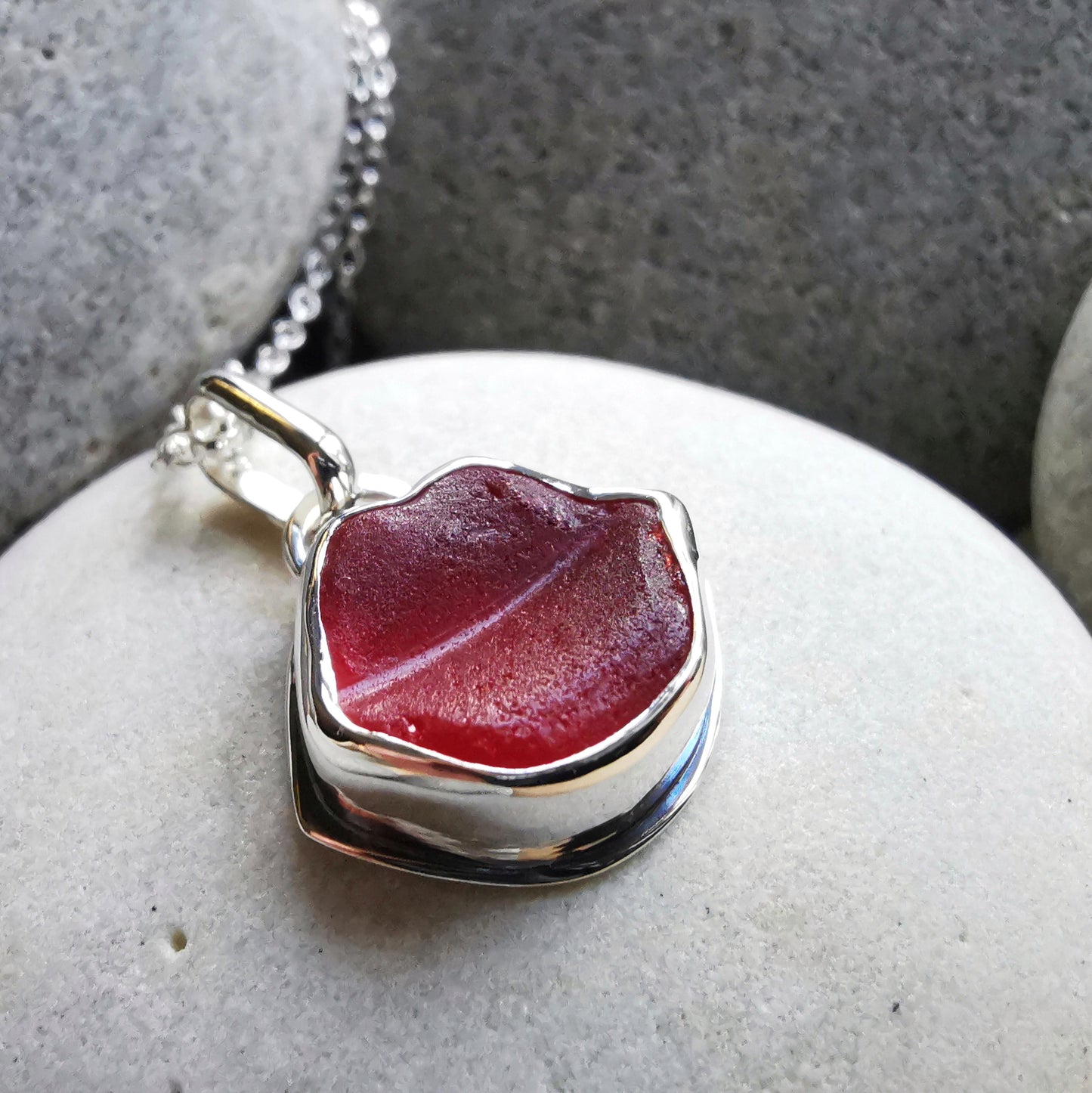 Scottish red lips/kiss sea glass & sterling silver pendant.