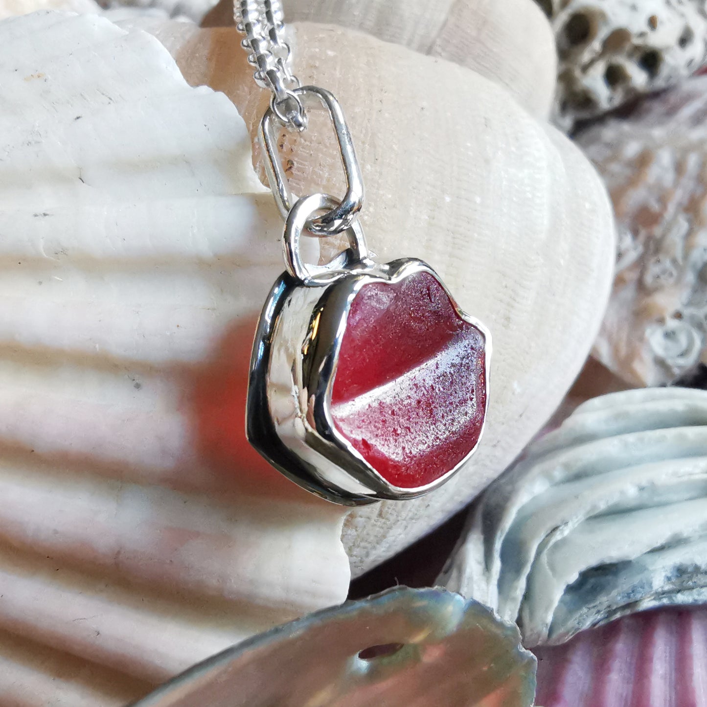 Scottish red lips/kiss sea glass & sterling silver pendant.