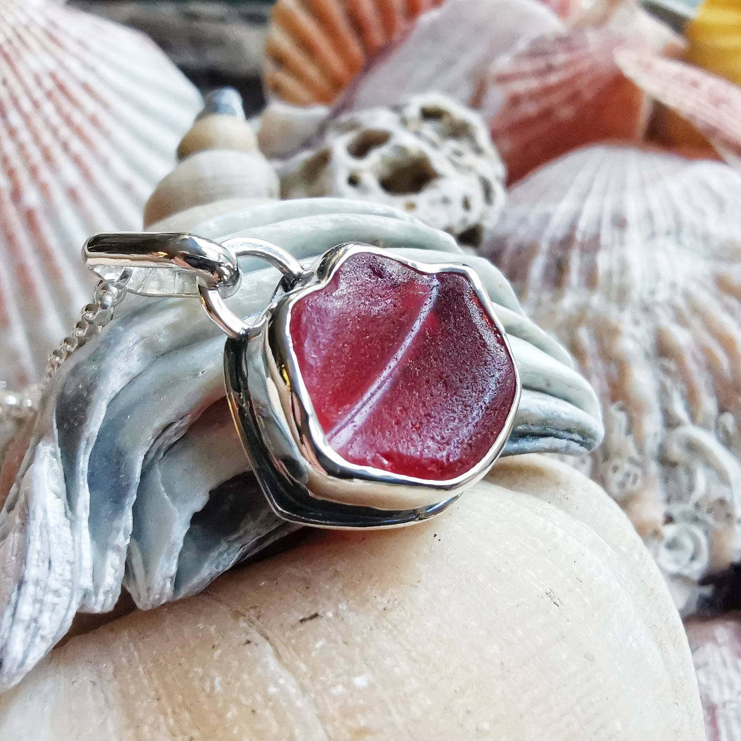 Scottish red lips/kiss sea glass & sterling silver pendant.