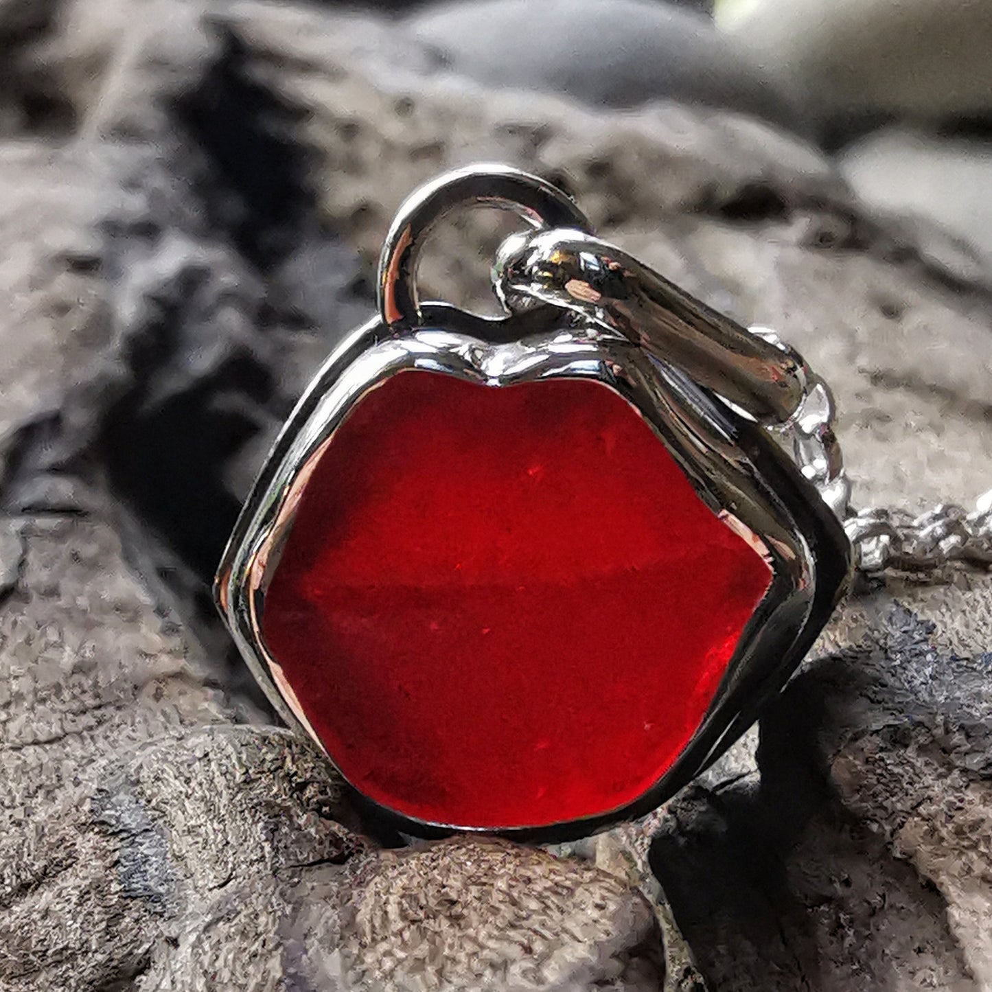 Scottish red lips/kiss sea glass & sterling silver pendant.