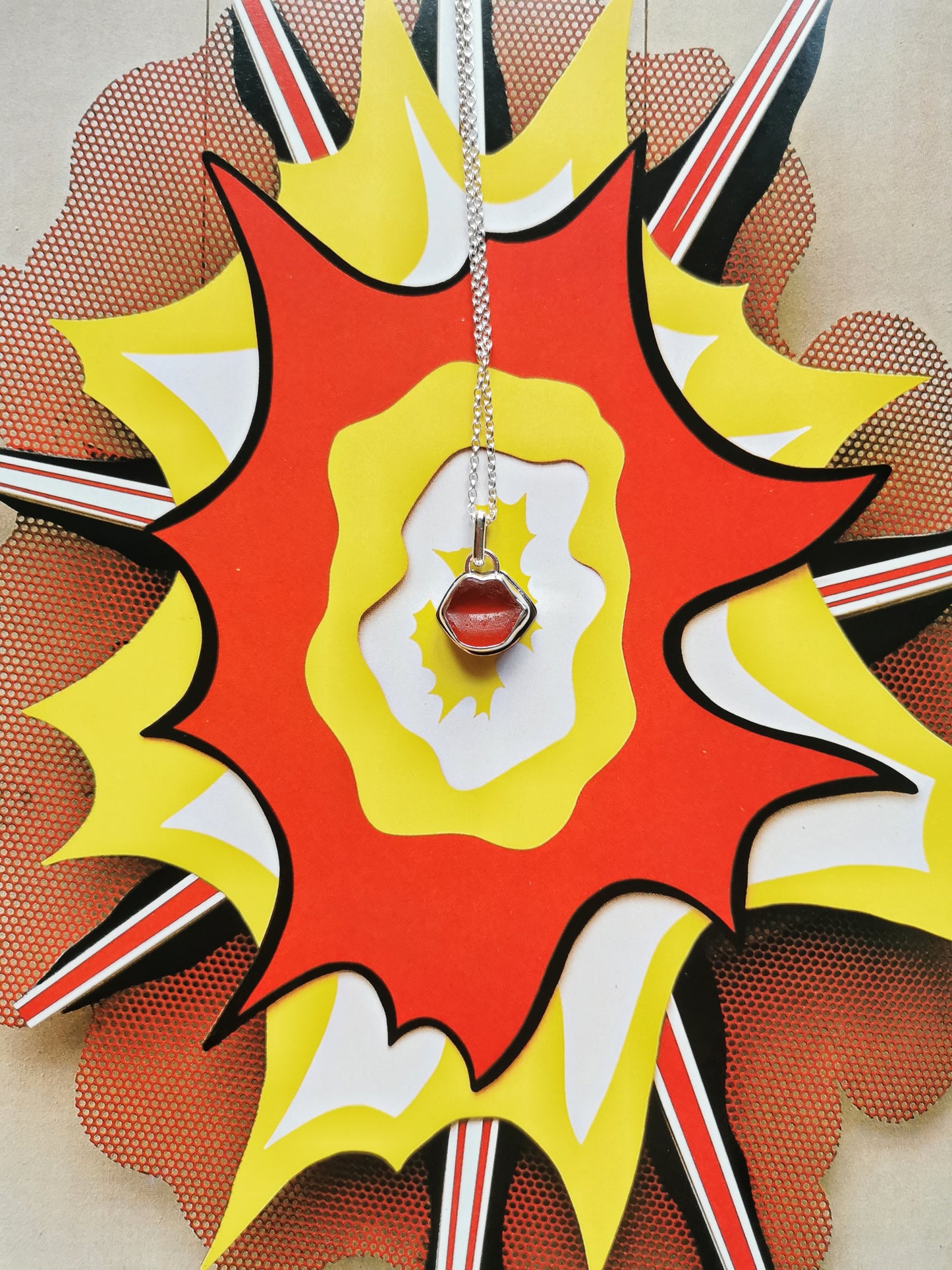 Scottish red lips/kiss sea glass & sterling silver pendant.