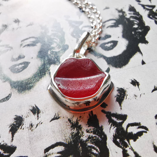 Scottish red lips/kiss sea glass & sterling silver pendant.