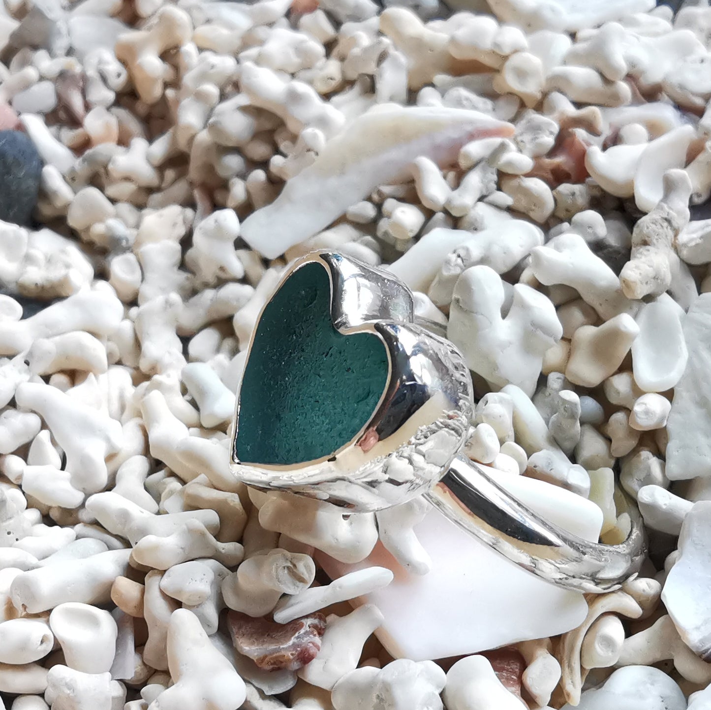 Scottish turquoise sea glass heart & sterling silver ring size N/7.