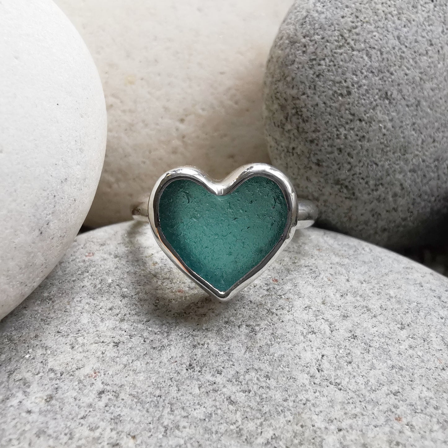 Scottish turquoise sea glass heart & sterling silver ring size N/7.