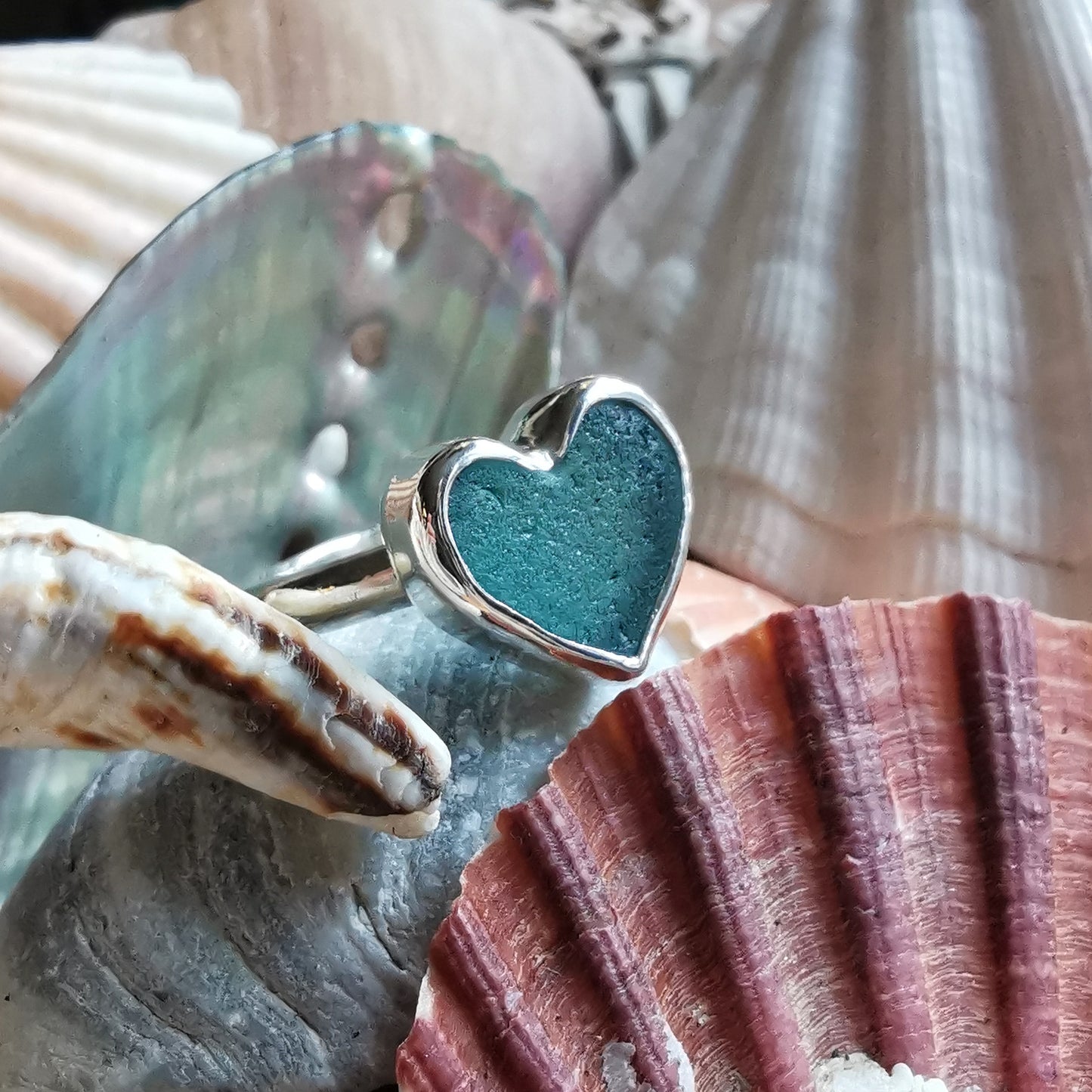 Scottish turquoise sea glass heart & sterling silver ring size N/7.