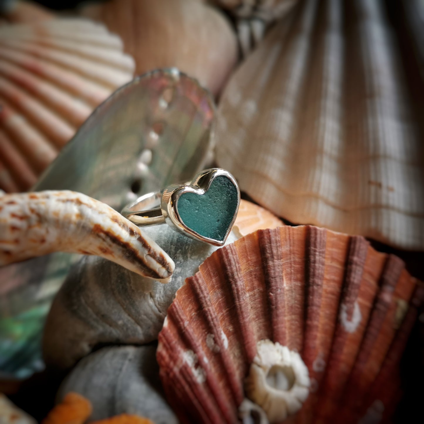 Scottish turquoise sea glass heart & sterling silver ring size N/7.