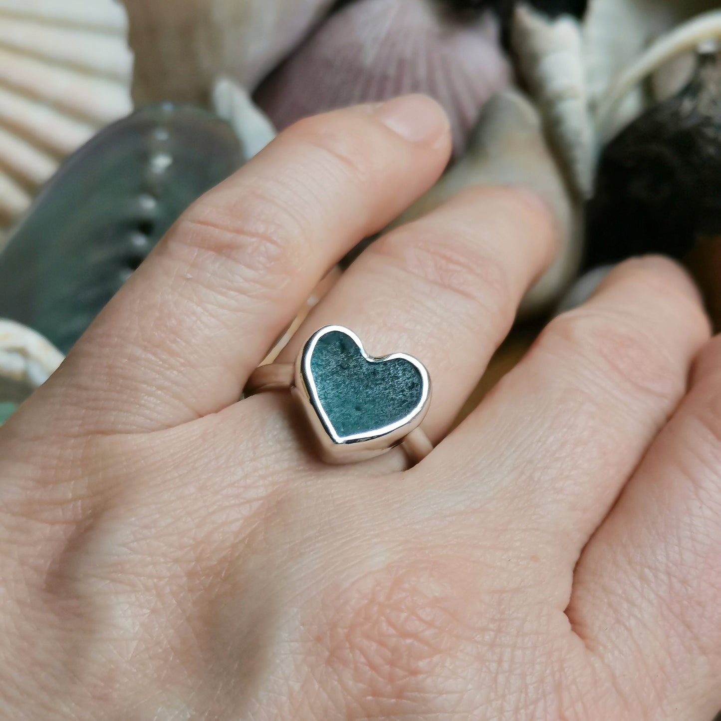 Scottish turquoise sea glass heart & sterling silver ring size N/7.
