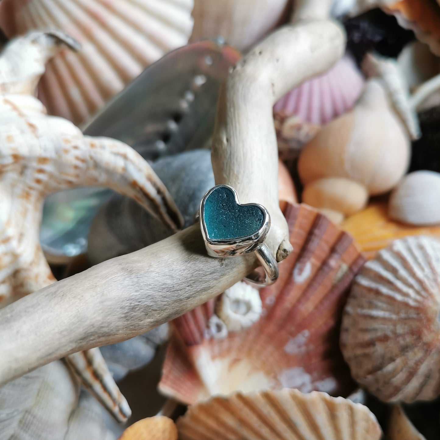 Scottish turquoise sea glass heart & sterling silver ring size N/7.