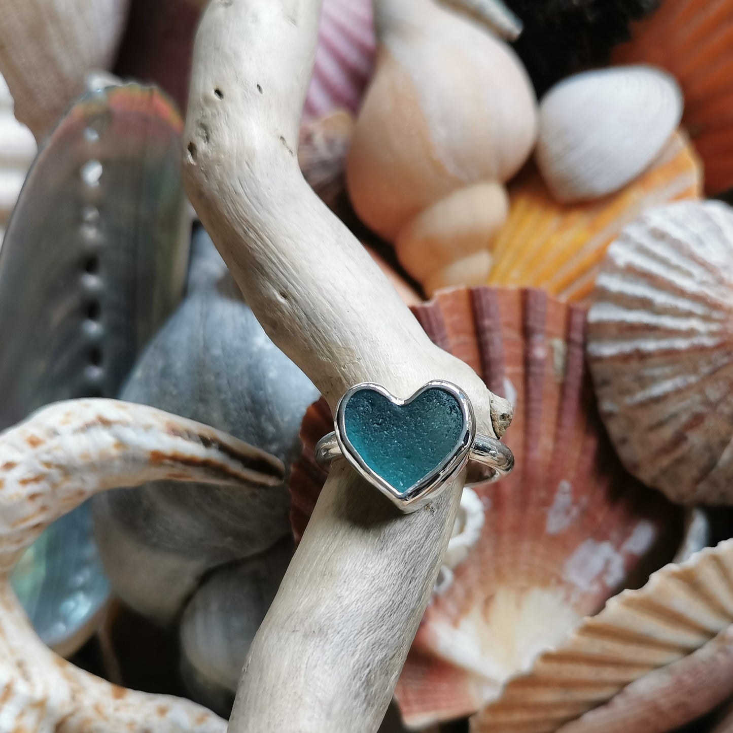 Scottish turquoise sea glass heart & sterling silver ring size N/7.