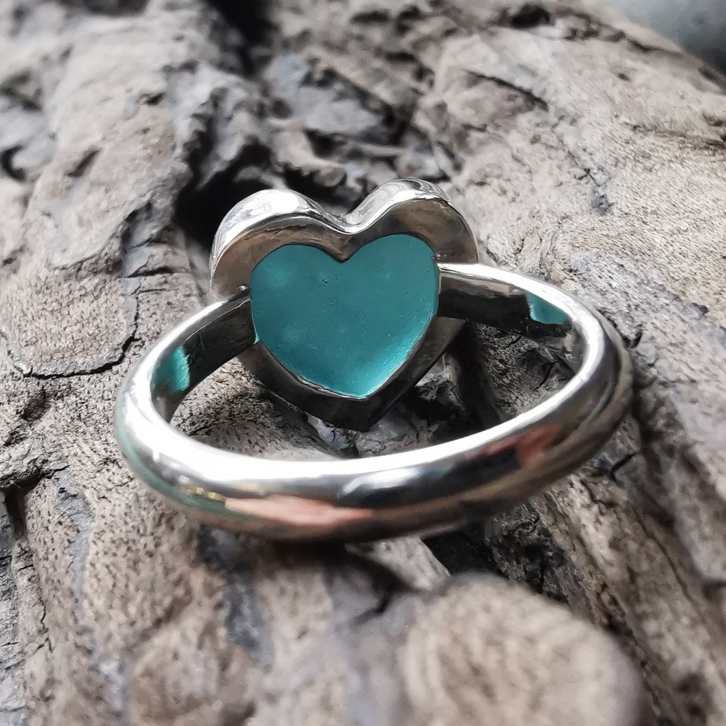 Scottish turquoise sea glass heart & sterling silver ring size N/7.