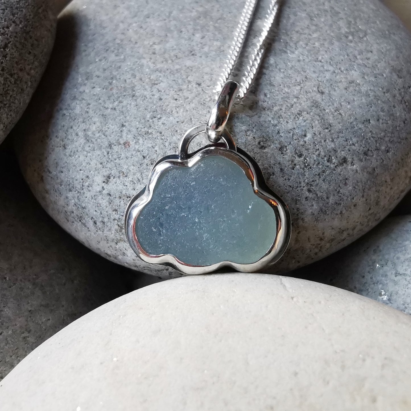 Reserved for Lesley. Genuine opalescent sea glass cloud & sterling silver pendant.