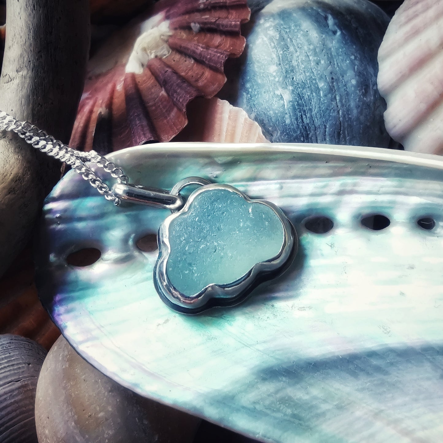 Reserved for Lesley. Genuine opalescent sea glass cloud & sterling silver pendant.