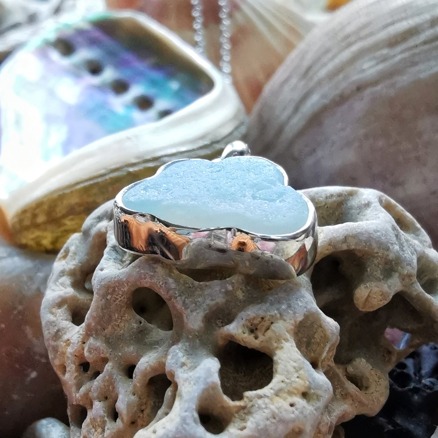 Reserved for Gatia.  Genuine opalescent sea glass cloud & sterling silver pendant.