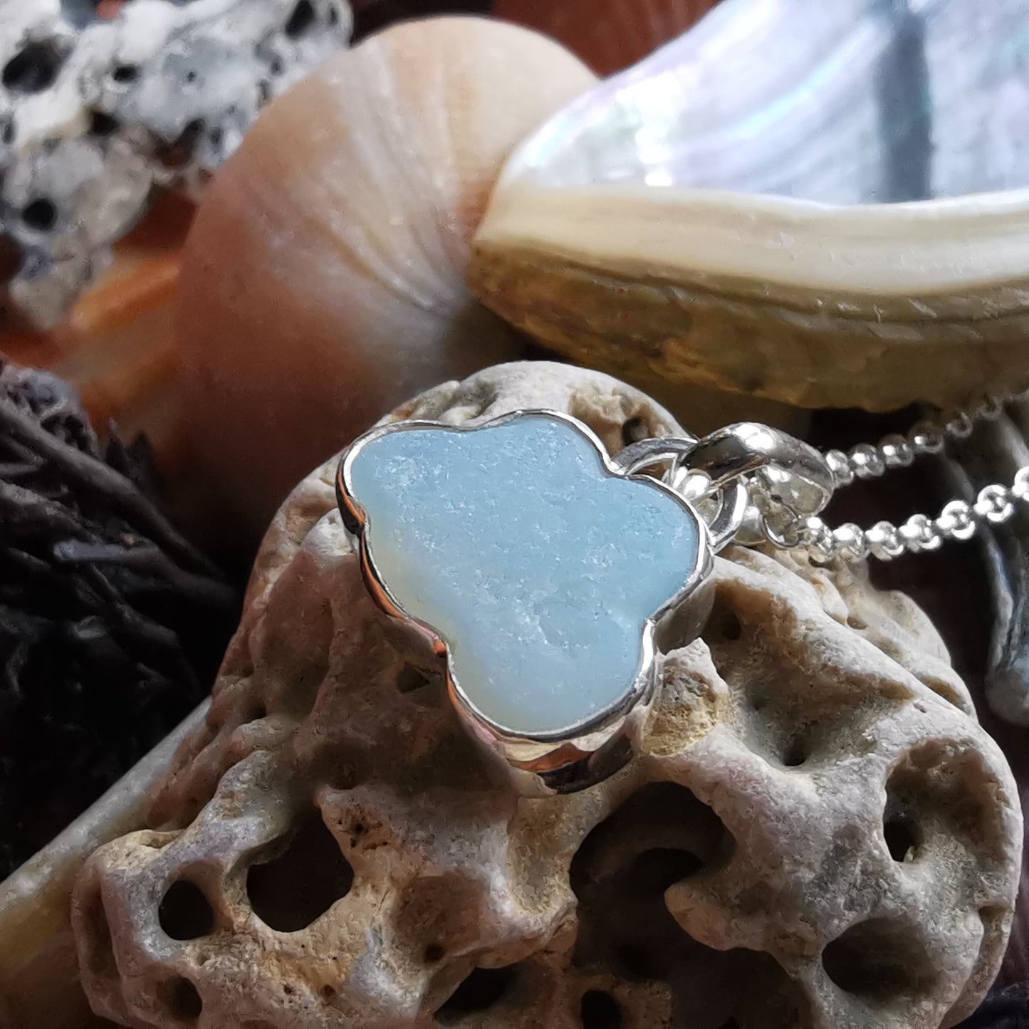 Reserved for Gatia.  Genuine opalescent sea glass cloud & sterling silver pendant.