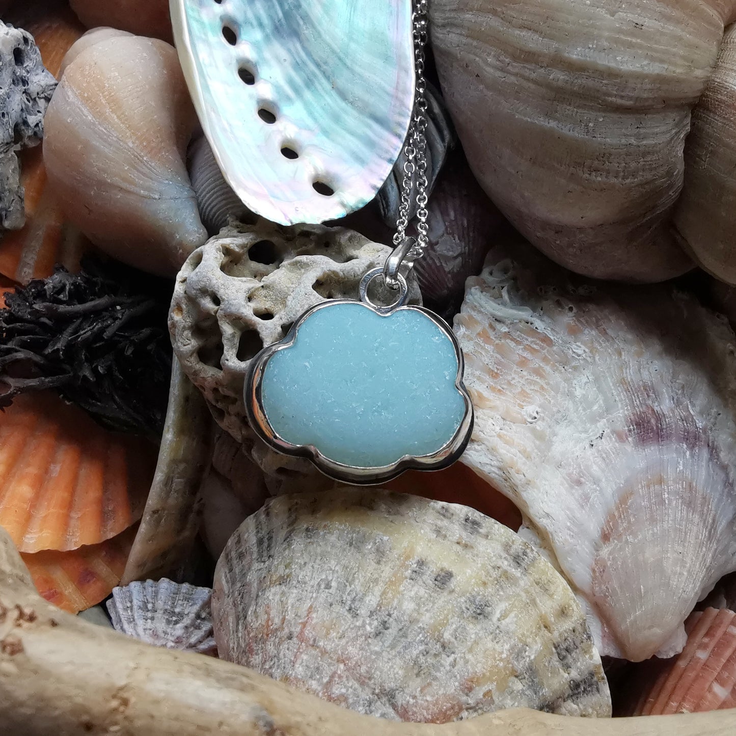Reserved for Gatia.  Genuine large opalescent sea glass cloud & sterling silver pendant.