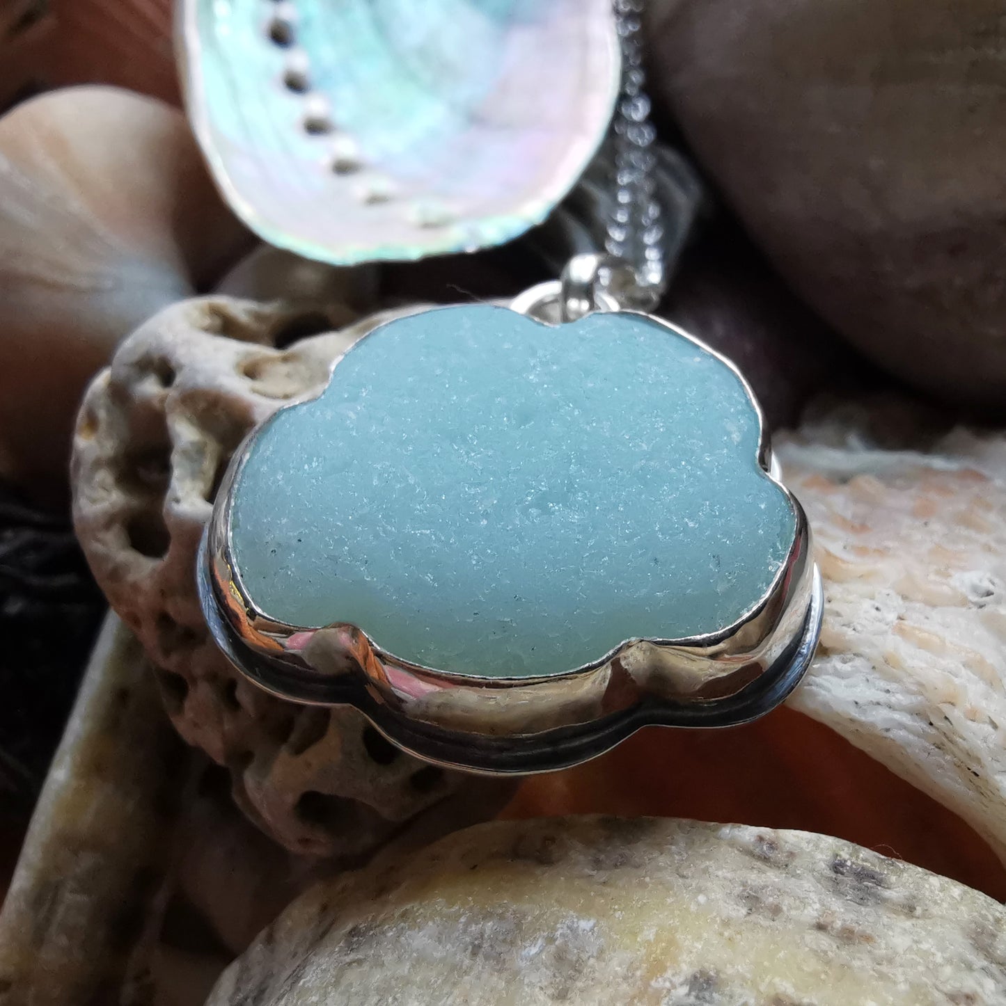 Reserved for Gatia.  Genuine large opalescent sea glass cloud & sterling silver pendant.