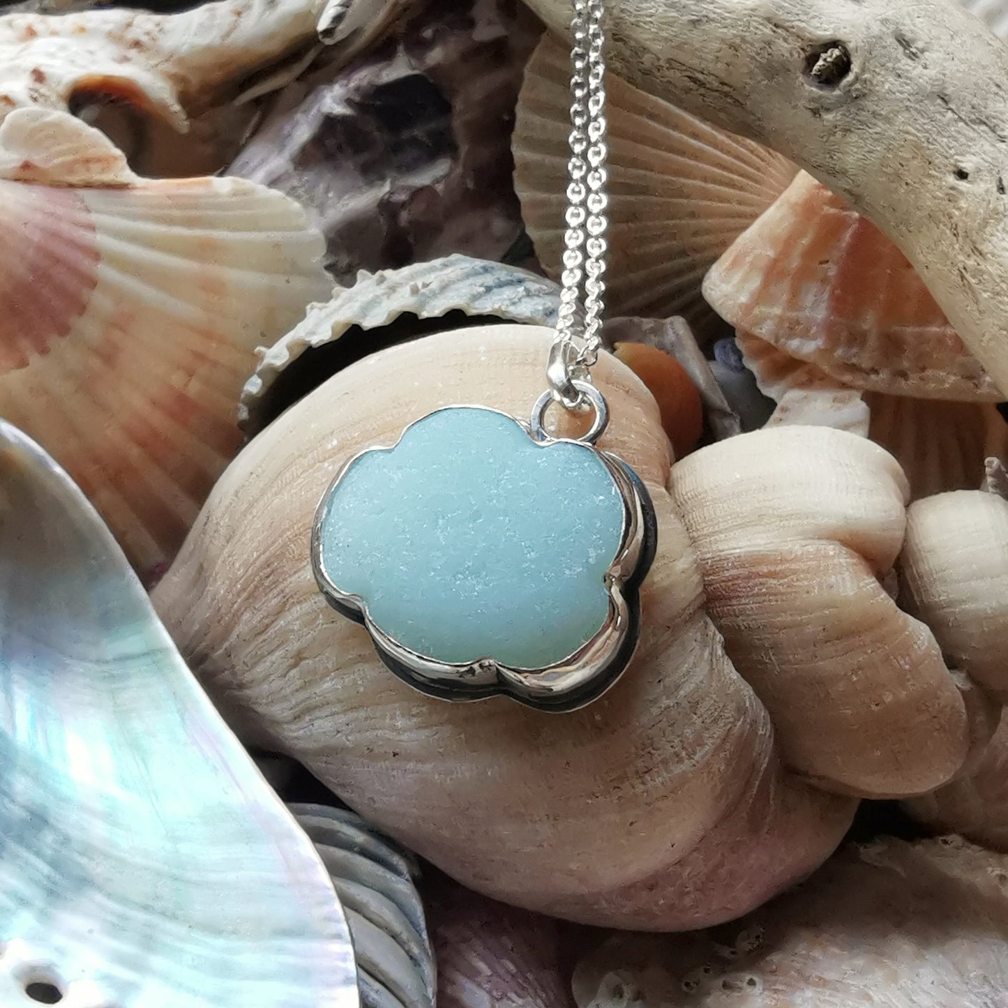 Reserved for Gatia.  Genuine large opalescent sea glass cloud & sterling silver pendant.