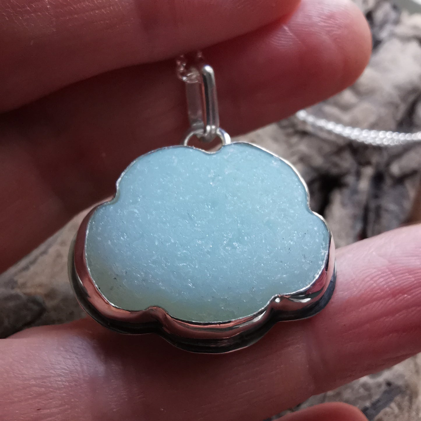 Reserved for Gatia.  Genuine large opalescent sea glass cloud & sterling silver pendant.