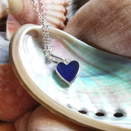 Scottish cobalt blue sea glass heart & sterling silver pendant.